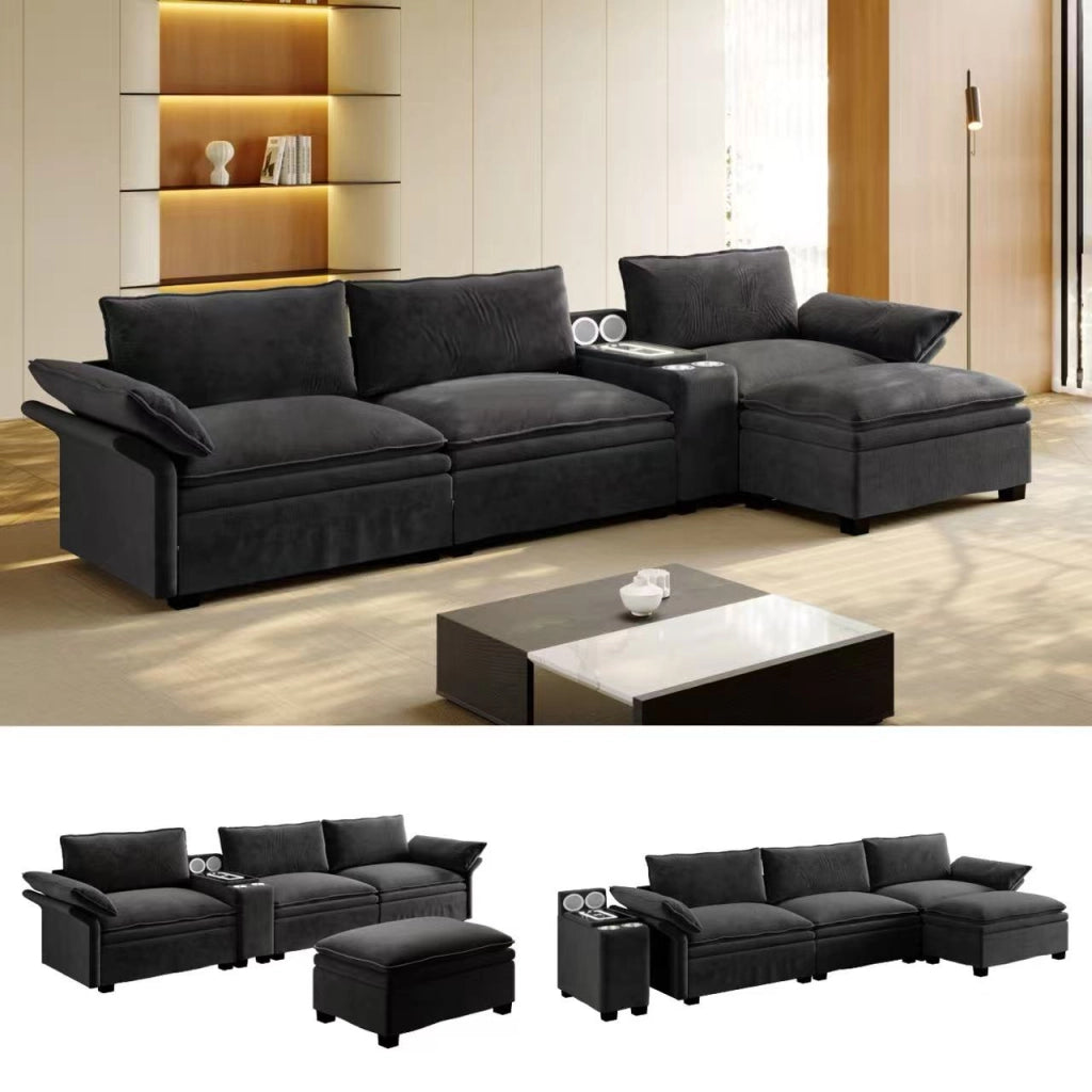 Divano modulare a L 4 posti in chenille con pouf mobile ricarica wireless altoparlanti luci e 2 portabicchieri nero