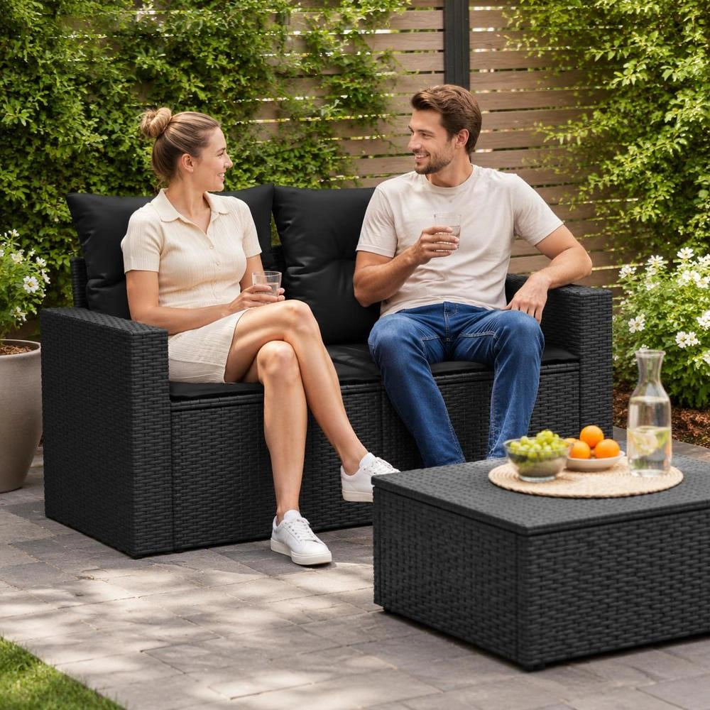 Garden Sofa With Cushions 2-seater Black Poly Rattan