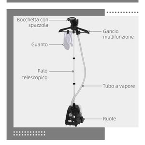 Stiratrice Verticale a Vapore da 1,4L con Asta Estendibile 41-110 cm e Ruote in ABS e PP Nero