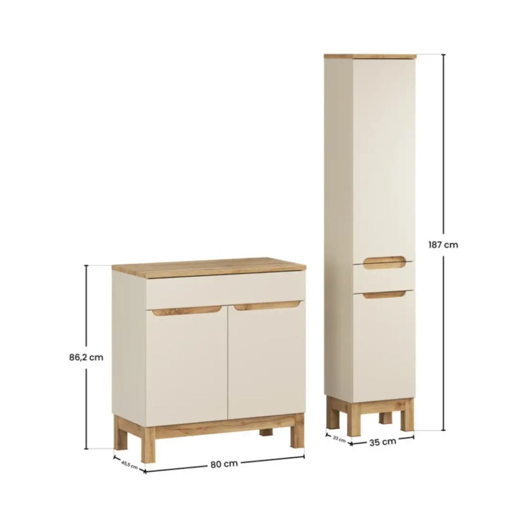 Set da bagno ERMANO cachemire e finitura quercia 115cm: mobile sotto lavabo + piano per lavabo + colonna