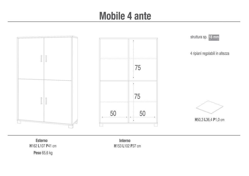 Mobile Multiuso 4 Ante 107x162x41 cm Olmo Chiaro/Bianco Lucido