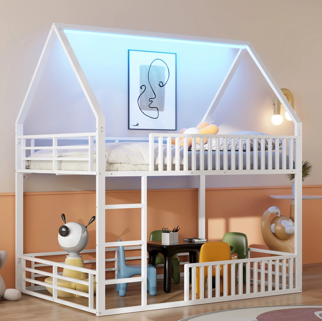 Letto a castello a casetta 140x200 cm in metallo bianco con LED