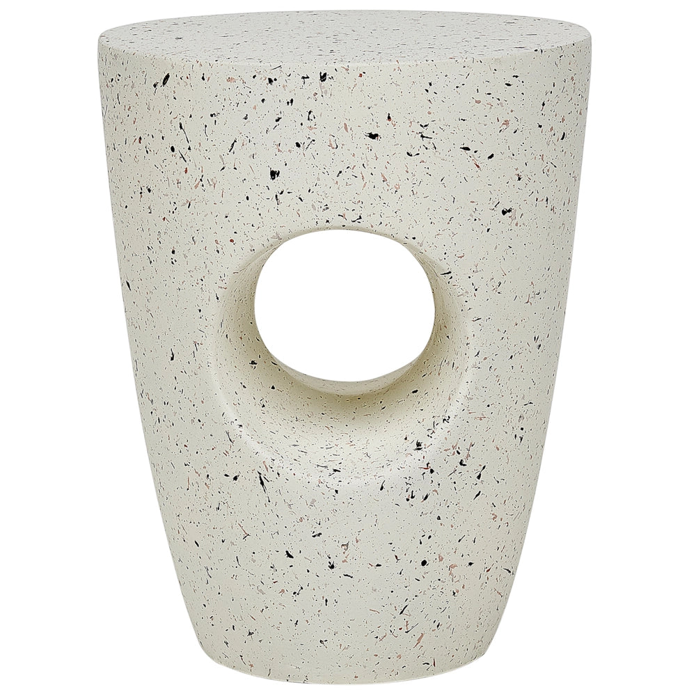 Tavolino bianco con effetto terrazzo in fibra di vetro MgO con piano rotondo resistente alle macchie UV, alla ruggine, all'acqua e al vento, moderno per esterni.