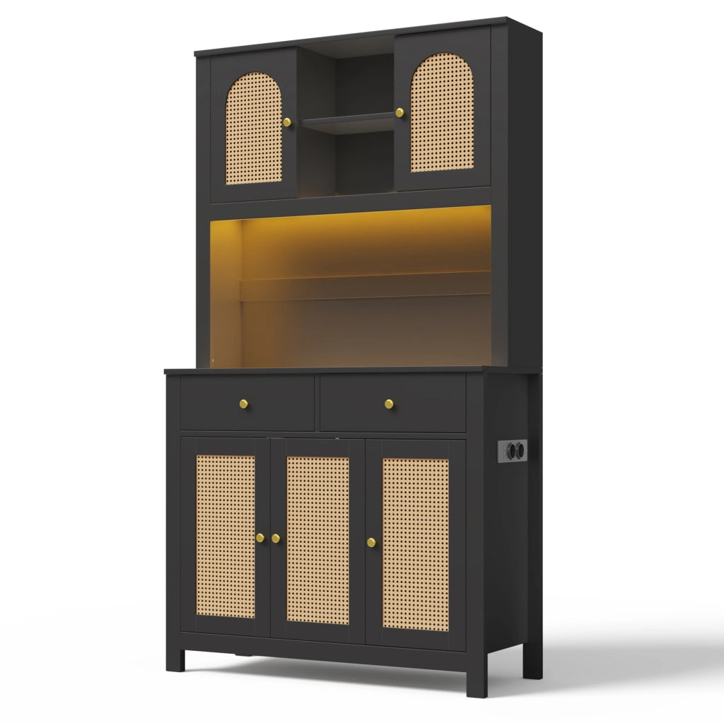 Credenza cucina alta 100x40x180 cm in MDF nero con ante in rattan; LED RGB e prese integrate