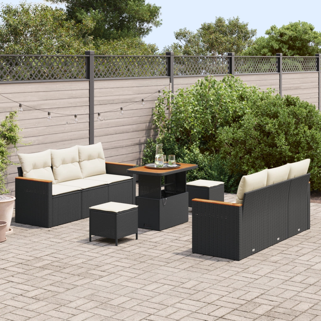 Set Divano Giardino  9 Pezzi con Cuscini Rattan Nero Acacia