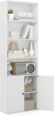 Libreria Chiusa in Legno con Armadio a Ante, 6 Ripiani Aperti, Librerie Moderne con Ripiano Rimovibile, Libreria Scaffale, 60 x 24 x 180 cm, Bianco