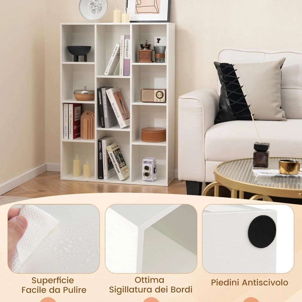 Libreria a 11 Cubi, Scaffale Moderno Geometrico con Kit Anti-Ribaltamento, Organizzatore di Libri Multifunzionale per Soggiorno Camera da Letto Studio, 74 x 24 x 106 cm