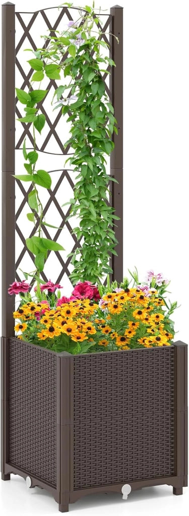 Letto da Giardino Elevato con Trellis a Lattice, Fioriera Autoinnaffiata per Piante Rampicanti, Fiori e Verdure, Fioriera Verticale da Interni e Esterni (Marrone,40 x 40 x 140 cm)
