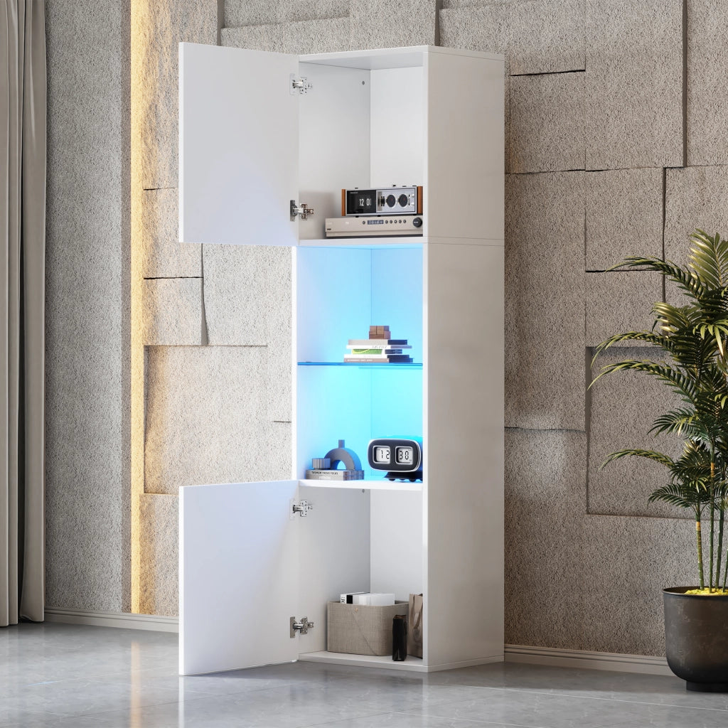 Vetrina con LED e 1 ripiano in vetro, anta lucida, per soggiorno e ufficio, truciolare bianco, 45 × 35 × 160 cm