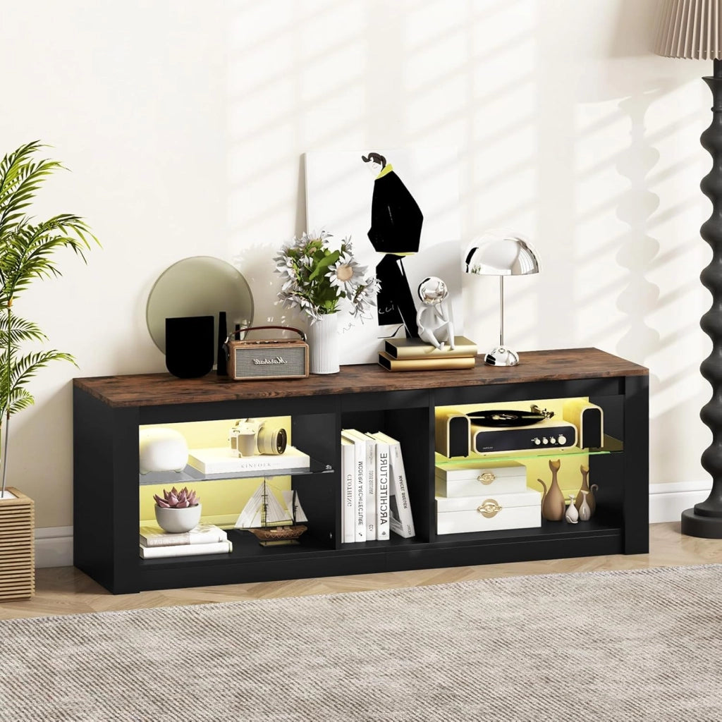 Mobile Porta TV con Luci LED, Supporto per TV fino a 65" con Ripiani di Vetro Temperato Regolabili e Telecomando, Mobile TV per Soggiorno, Studio, Camera da Letto, 140 x 35 x 47 cm
