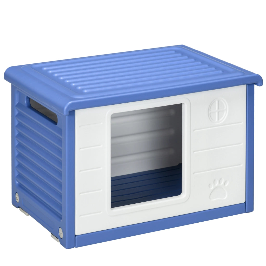 Cuccia per Cani Taglia Piccola da Esterno 60x42x40 cm con Ingresso e 2 Prese d'Aria Laterali in PE Blu e Bianco