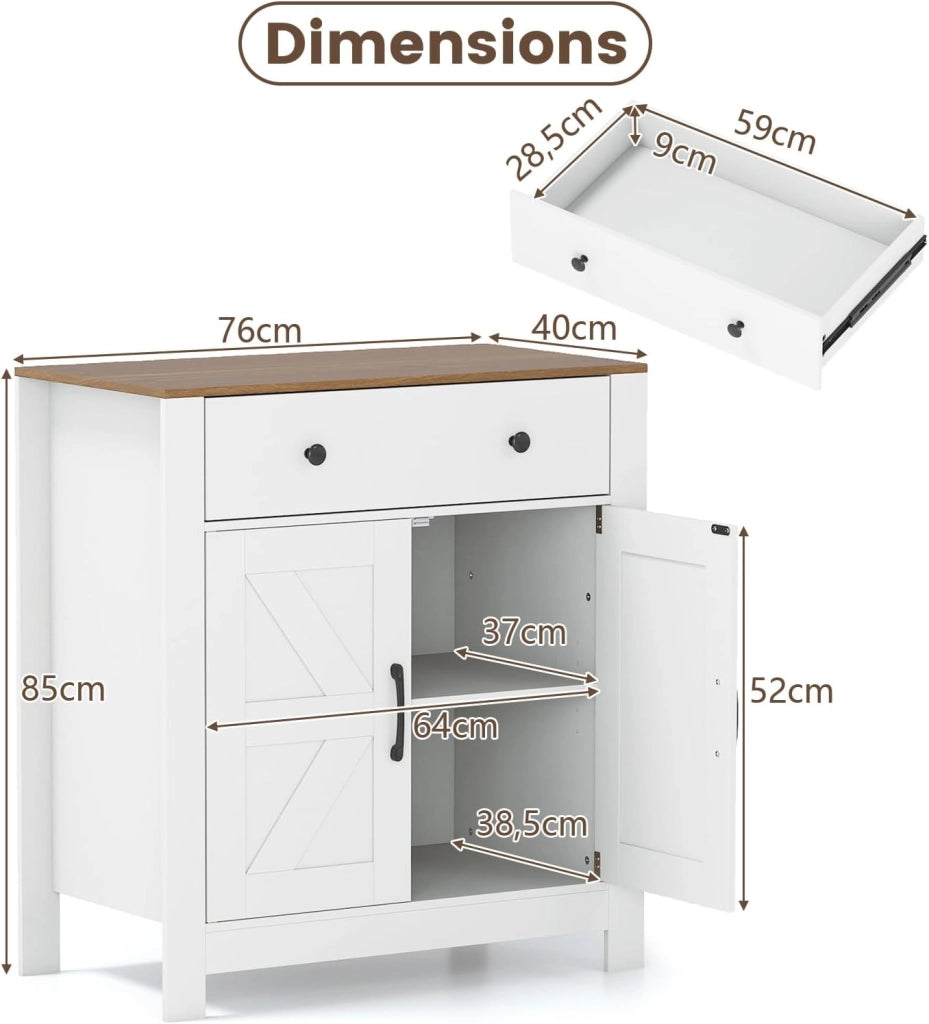 Credenza Cucina con Ripiano Regolabile, Mobile Buffet con 2 Ante e Cassetto, Mobiletto Multiuso per Sala da Pranzo, Soggiorno, Ingresso, Corridoio, 76 x 40 x 85 cm (L x P x A), Bianco