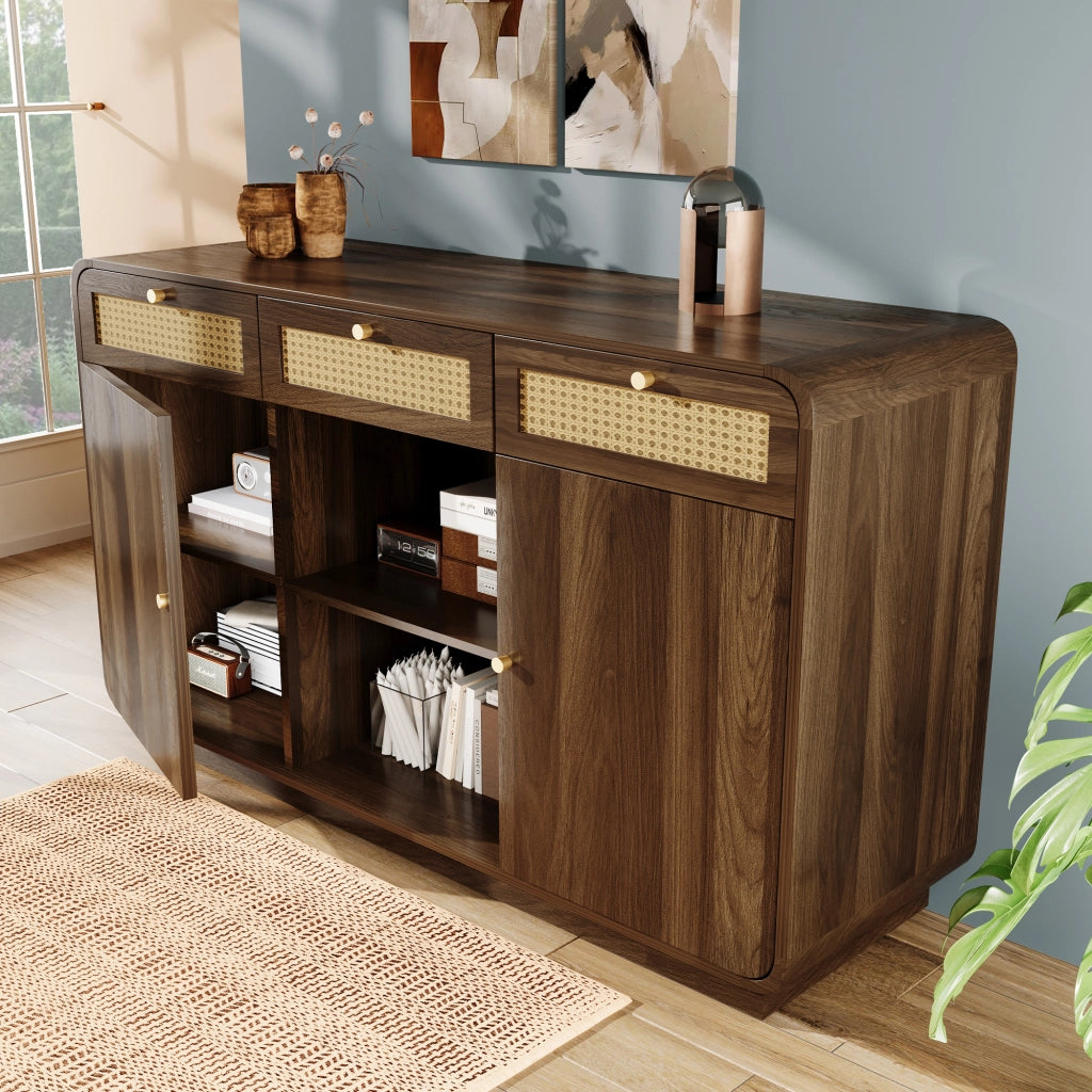 OKWISH Credenza con 3 Cassetti, 2 Ante e Ripiani Regolabili, Stile Retrò, per Soggiorno o Ingresso, 120 x 40 x 85 cm