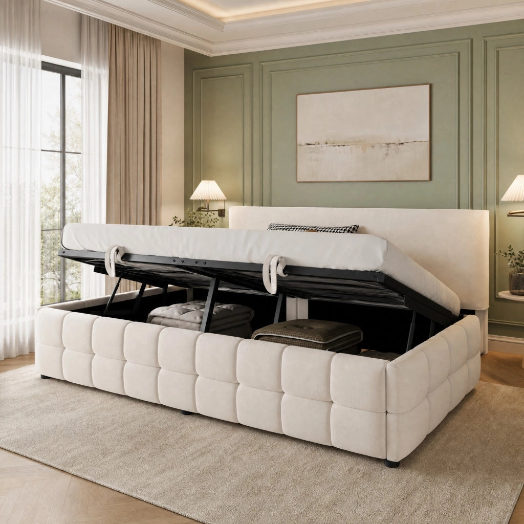 Divano letto singolo imbottito 90x200 cm con contenitore idraulico e schienale; velluto beige