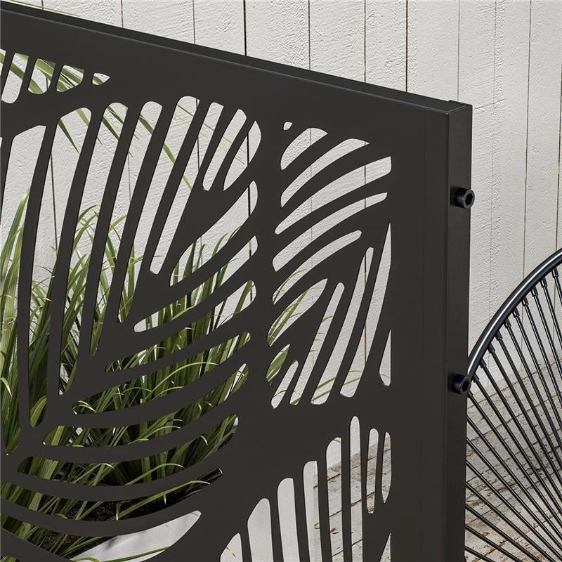 PARAVENTO DA ESTERNO DECORATIVO IN ACCIAIO TRAFORATO CON DESIGN A FOGLIE, 122X198CM, NERO