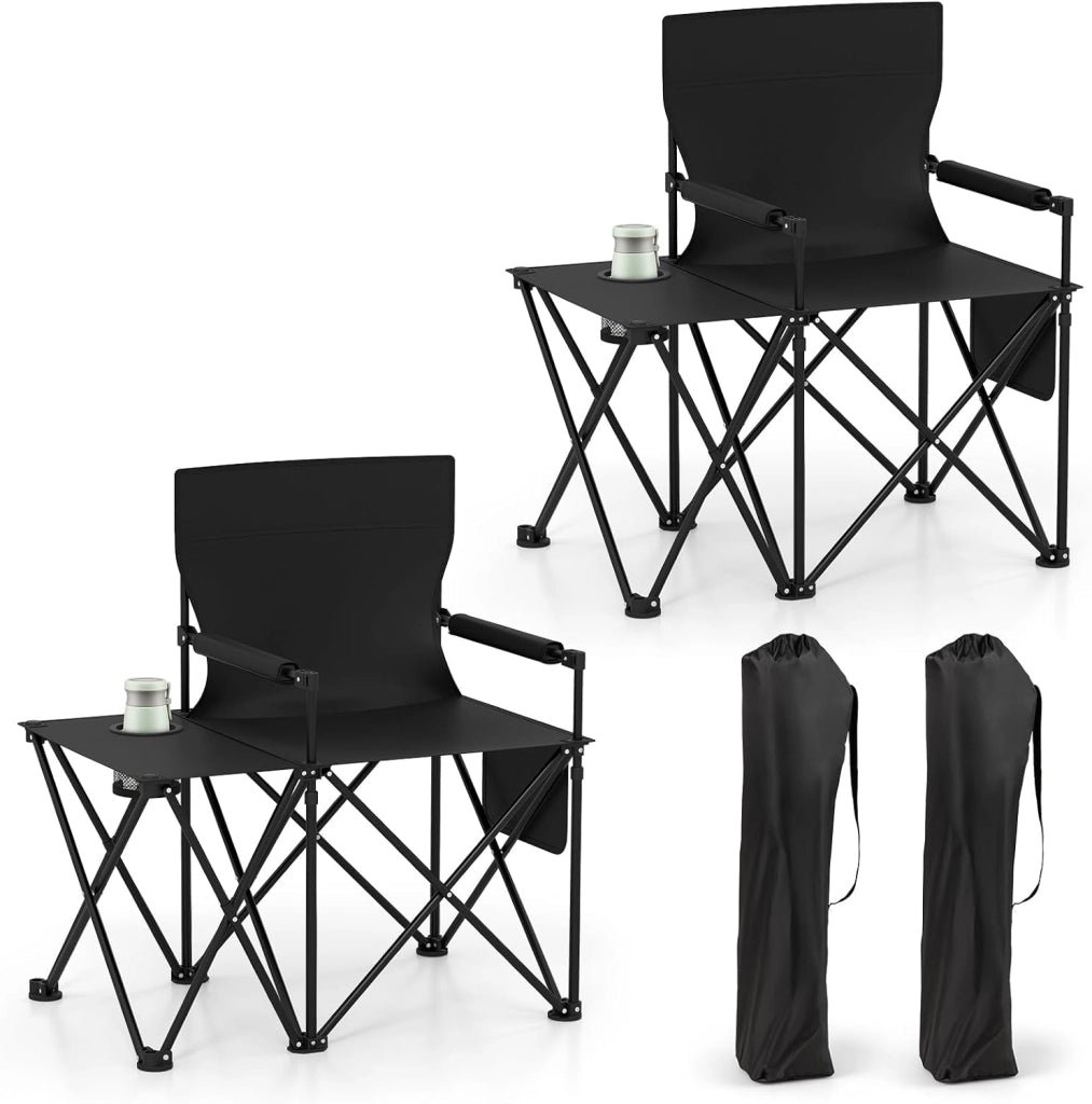 Sedia da Campeggio con Tavolino Laterale, Sedia da Picnic Pieghevole con 2 Tasche, Portabicchieri, Braccioli Imbottiti, Borsa da Trasporto, Portata 150 kg (Grigio)