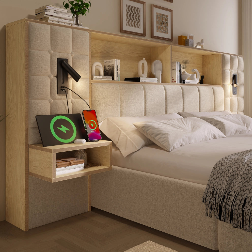 Letto contenitore 180 × 200 cm con luci da lettura, USB e Type-C, 2 comodini sospesi, senza materasso