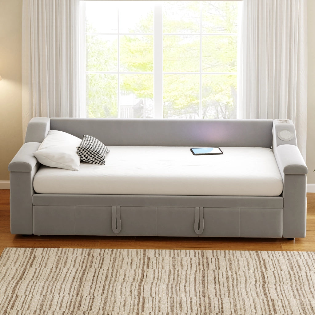 Divano letto imbottito convertibile 90/180x190 cm con Bluetooth, porte USB, vani portaoggetti e rete a doghe, grigio chiaro