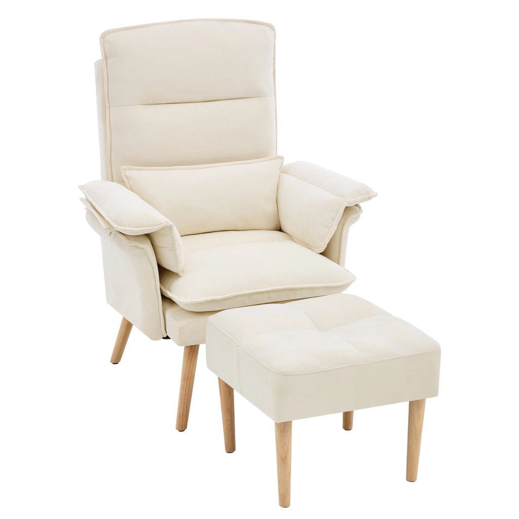 Sedia relax con pouf, schienale reclinabile a 5 posizioni, poltrona imbottita in lino beige