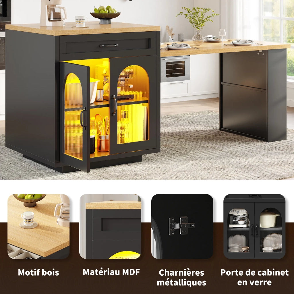 Isola cucina estraibile con illuminazione LED, mobile moderno con 2 cassetti e ripiani regolabili, credenza con ante vetro zigrinate, piano lavoro in MDF per zona pranzo