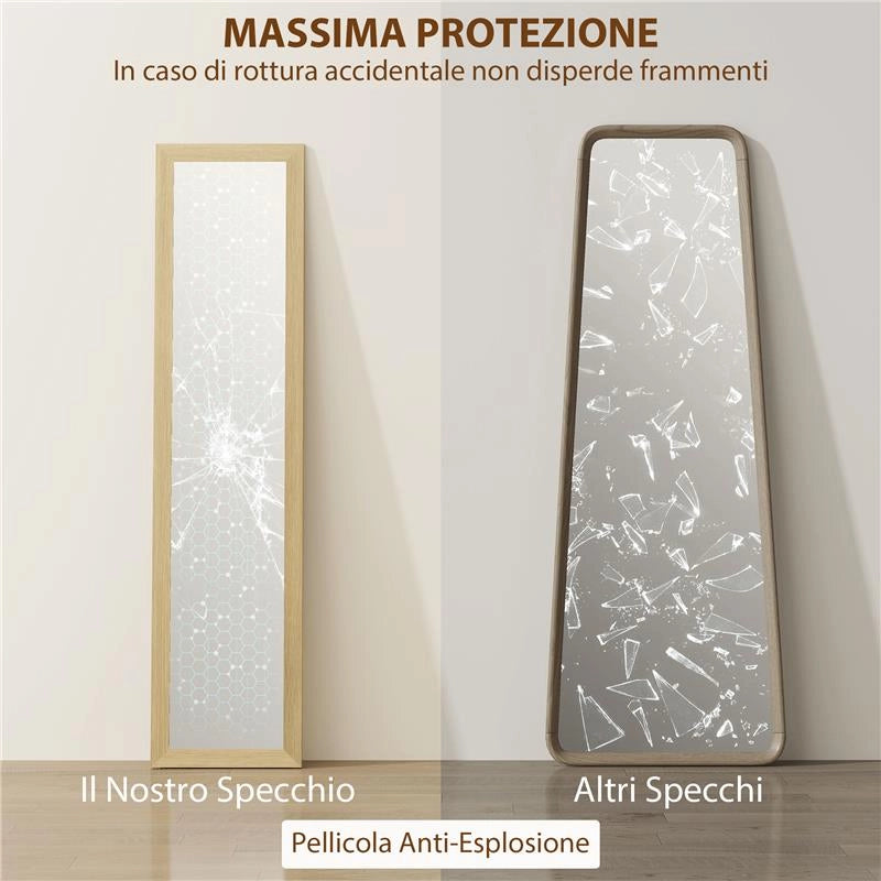 SPECCHIO VERTICALE DA PARETE O DA TERRA CON CORNICE IN MDF, 37X40X155 CM, QUERCIA E TRASPARENTE