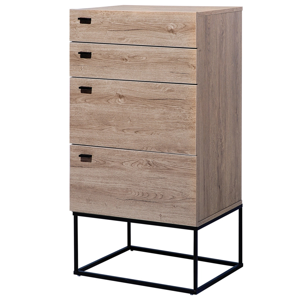 Cassettiera in legno chiaro a 4 ripiani con base in metallo Nero rustica