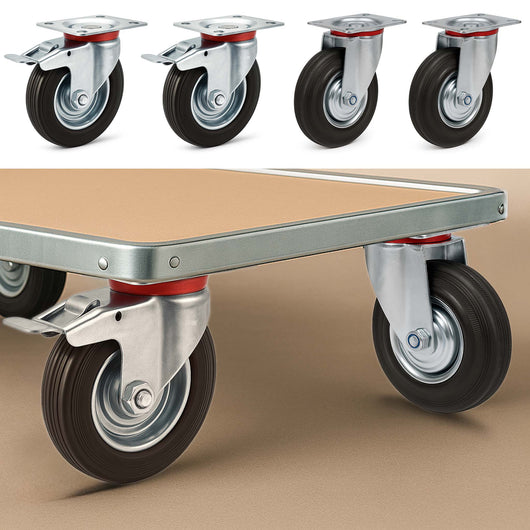 Set 4 ruote piroettanti, freno doppio blocco, Rotella 160mm max 130kg, metallo e gomma piena