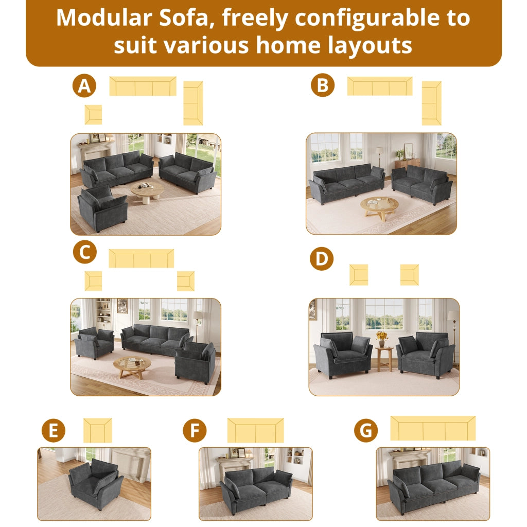 Divano modulare 3 posti con divano 2 posti e poltrona in tessuto chenille per soggiorno e relax moderno grigio