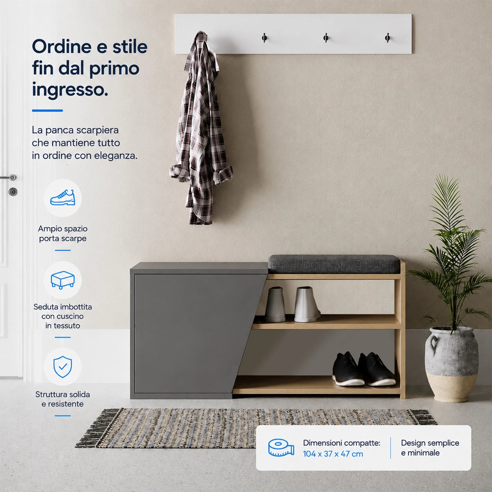 Panca Scarpiera Ingresso Casa 2 Ripiani Porta Scarpe con Anta e Cuscino Grigio