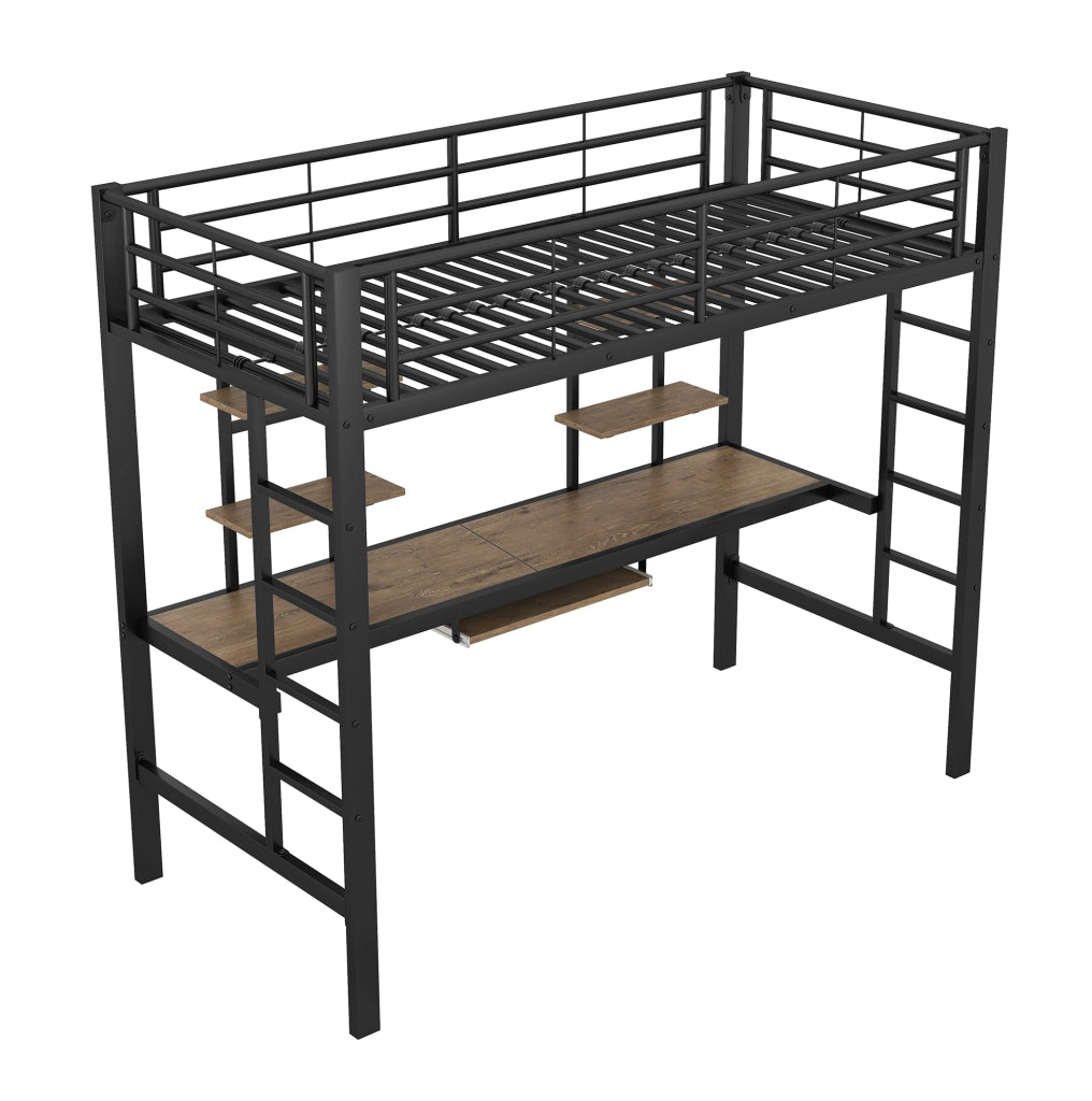 Letto a soppalco in metallo con scrivania e librerie, 90x200 cm, nero