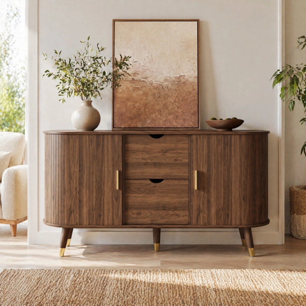 Sideboard in MDF effetto noce con trama verticale; 2 cassetti; 140x40x79;5 cm