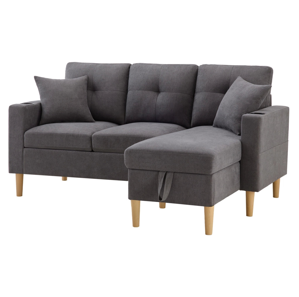 Divano 175x129x90 cm con chaise longue reversibile; contenitore e portabicchieri in cotone e lino grigio scuro