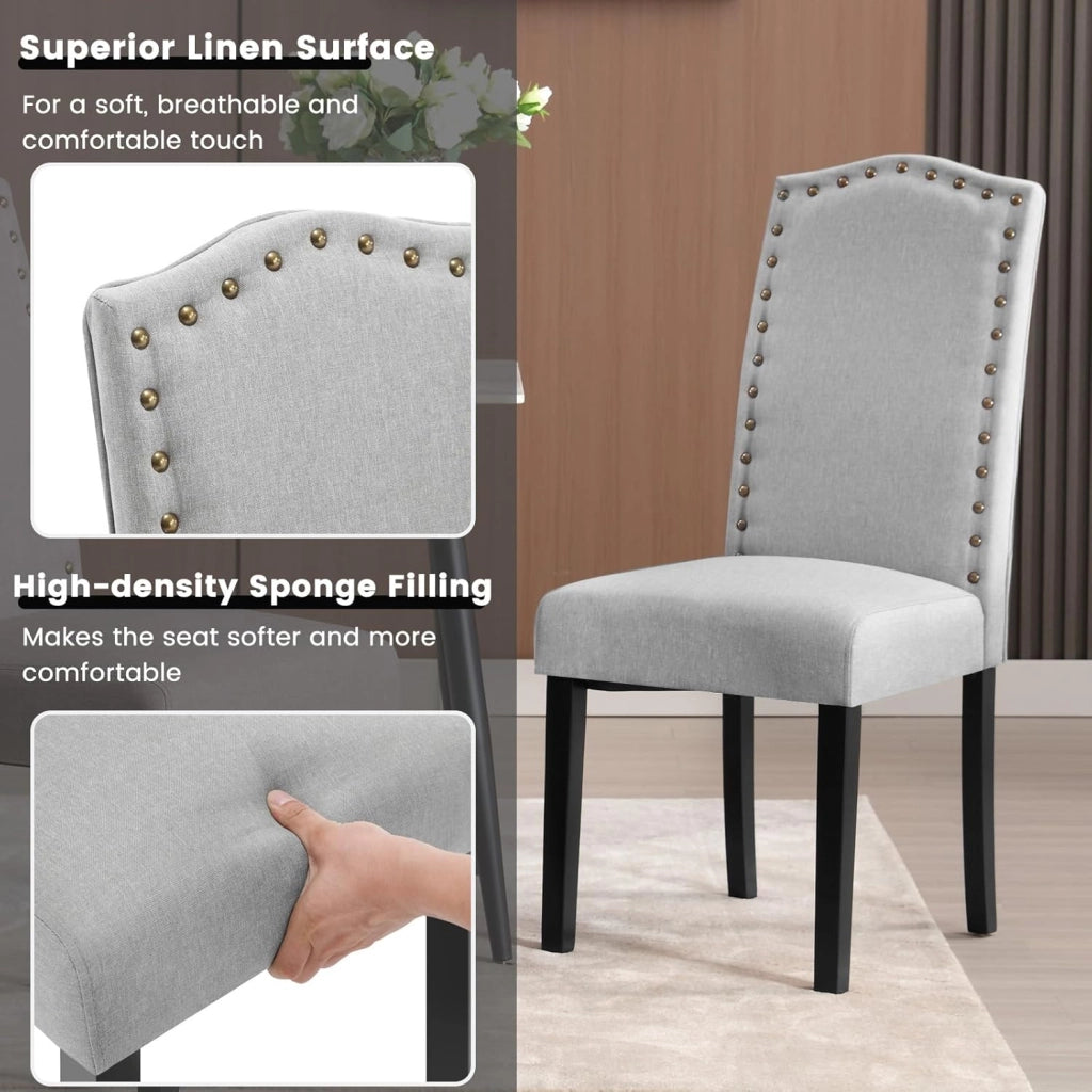 6 Pezzi Sedie per Sala da Pranzo con Schienale Alto, Sedie da Cucina con Gambe in Legno Massello, Sedia da Soggiorno Imbottite, Decorazione con Rivetti, in Lino, Grigio chiaro, BH386hgr-6