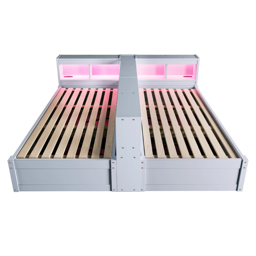 Letto matrimoniale 180×200 cm e 90×200 cm con presa; LED e contenitore; senza materasso; MDF; grigio