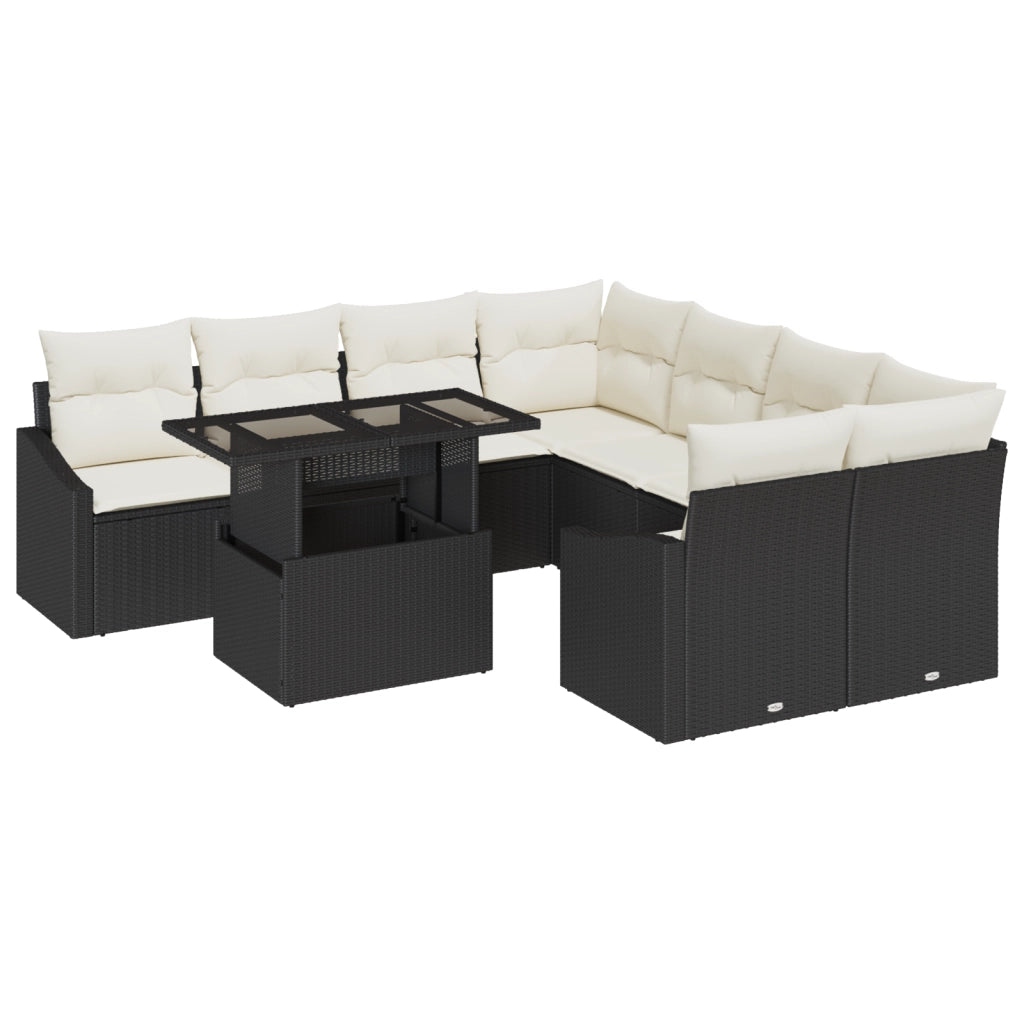 Set da giardino 9 pezzi con cuscini in rattan nero