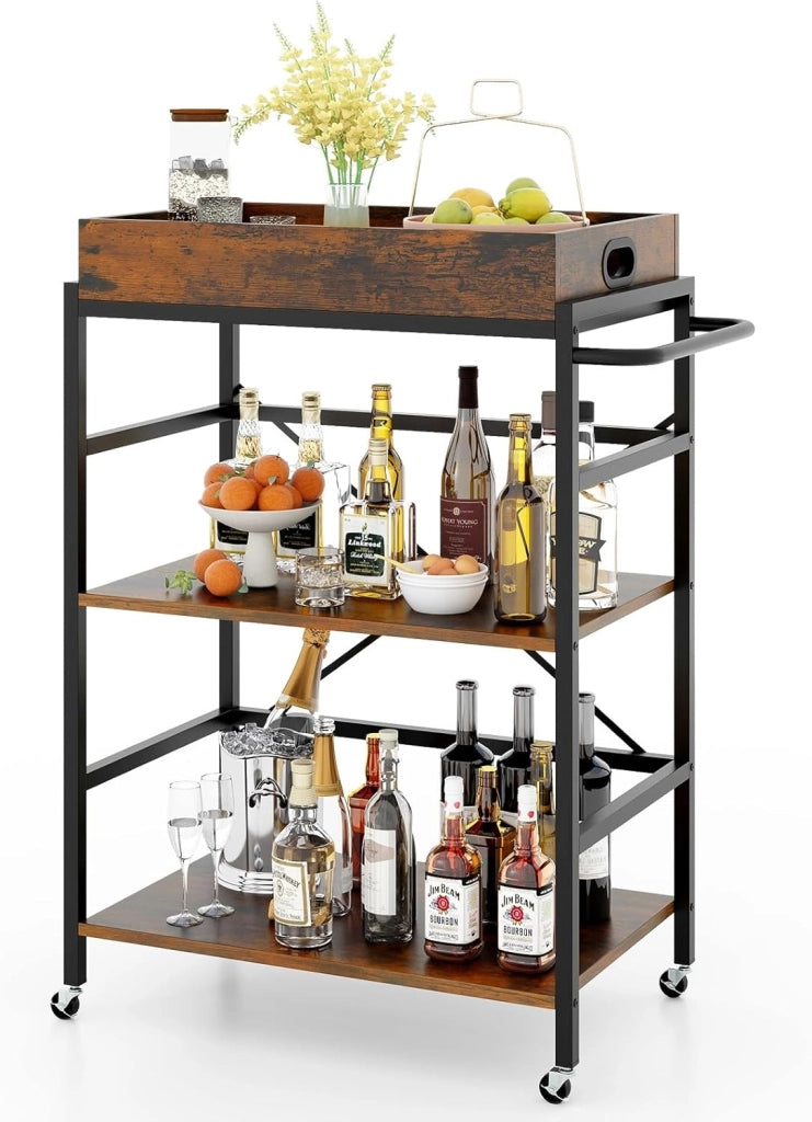 Carrello da Bar a 3 Ripiani, Carrello da Servizio Industriale con Vassoio Rimovibile, 4 Ruote Bloccabili e 1 Maniglia, Carrello da Cucina con Ruote, 73 x 40 x 94 cm