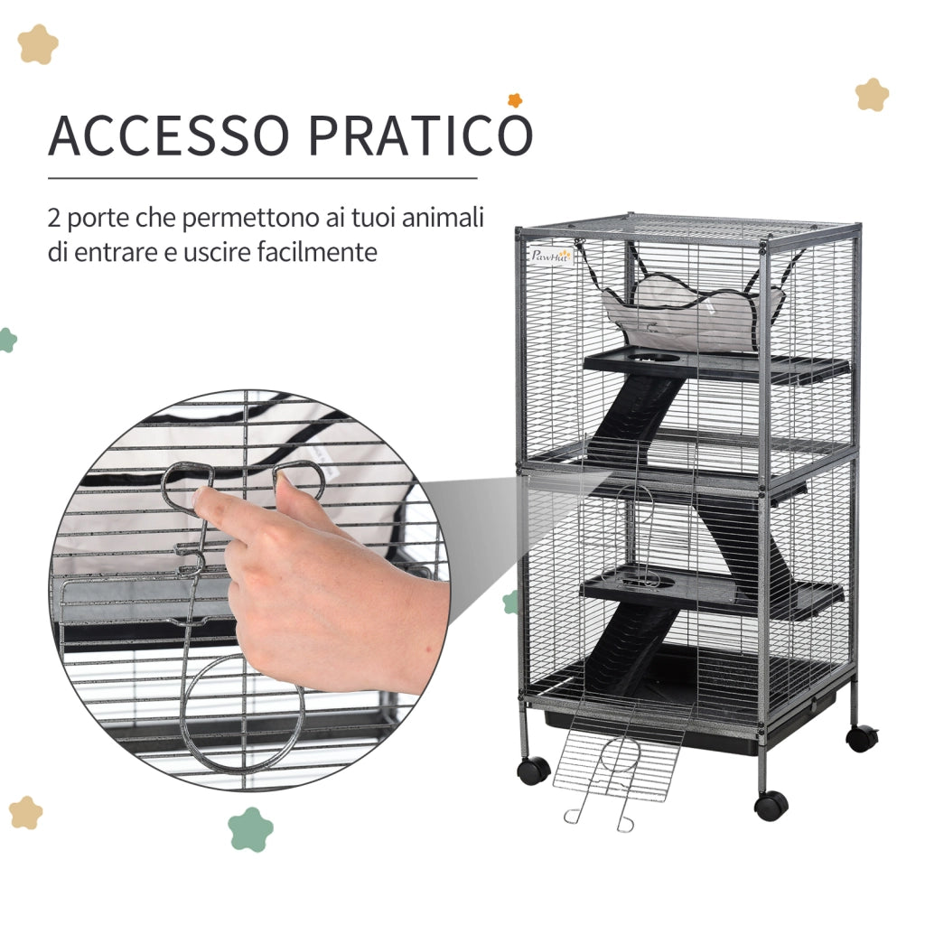 EasyComfort Gabbia per Piccoli Roditori in Acciaio, Gabbietta per Porcellini d'India e Cincillà con 3 Piani, 4 Ruote, Amaca e Vassoio Rimovibile, 52 x 52 x 113.5cm, Grigio Argento