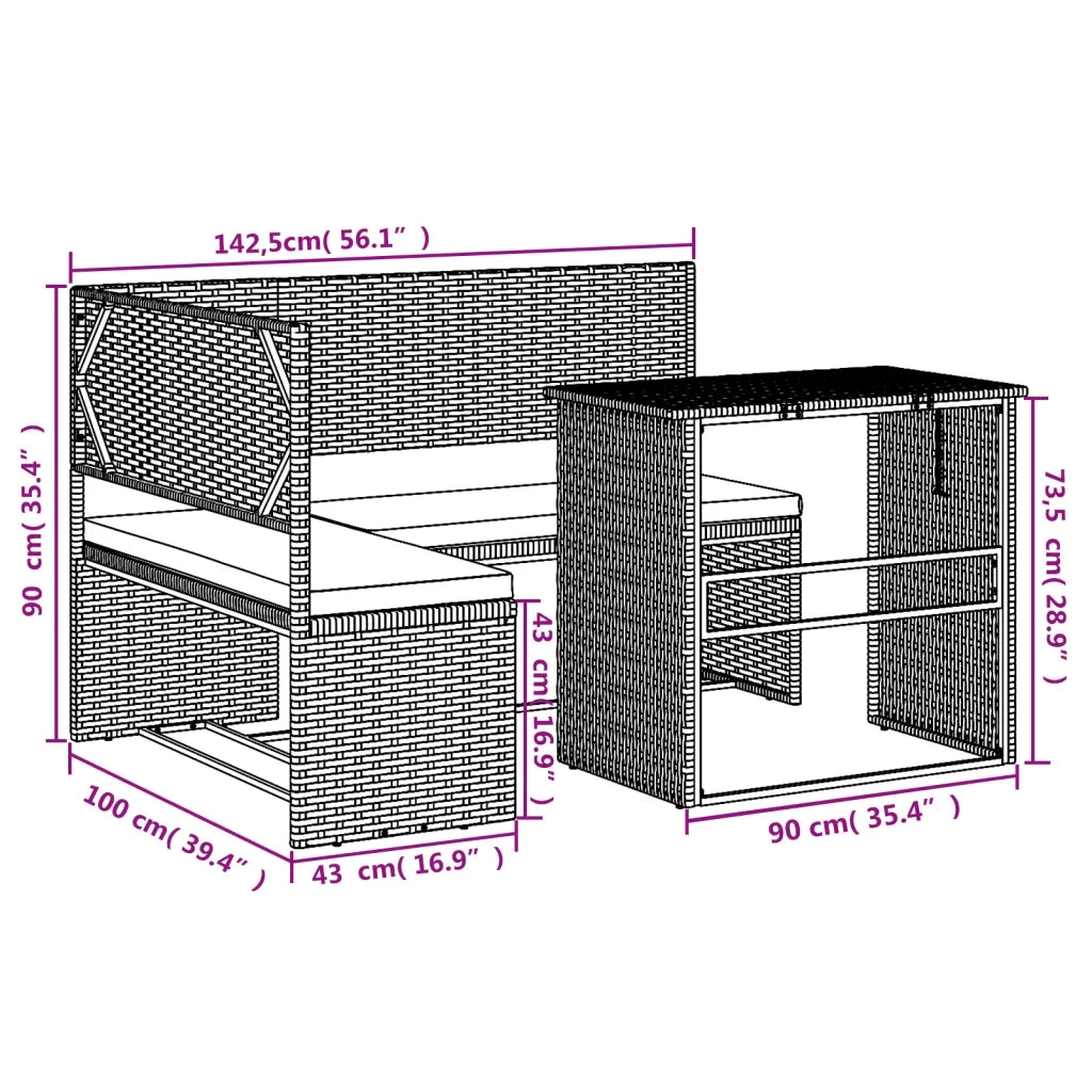Divano da Giardino con Tavolo e Cuscini a L Grigio Polyrattan 362348