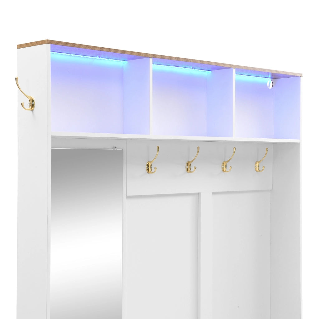 Mobile da ingresso 120x40x187 cm con LED, specchio, ganci e cassetti in MDF bianco e color legno