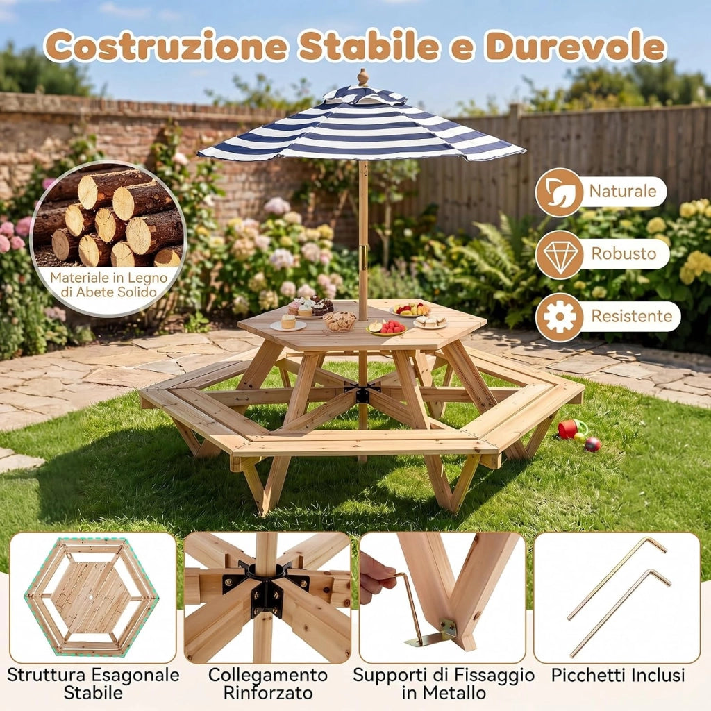 Tavolo Esagonale da Picnic per Bambini 3+ Anni con 6 Panche | Tavolino in Legno Massello con Ombrellone Rimovibile e Regolabile per Giardino, Balcone e Cameretta