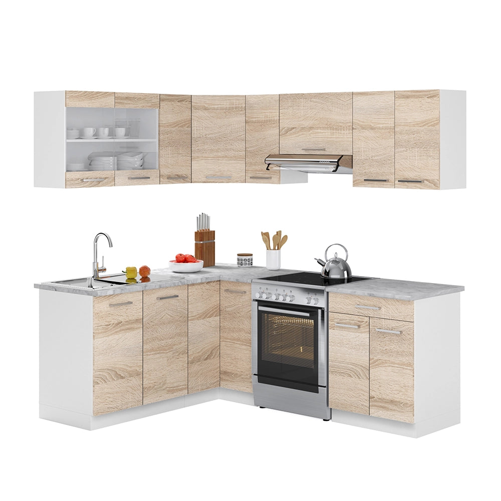 Cucina ad angolo Rick Sonoma/Bianco 207 x 60 cm, PL Marmo con striscia LED Vicco