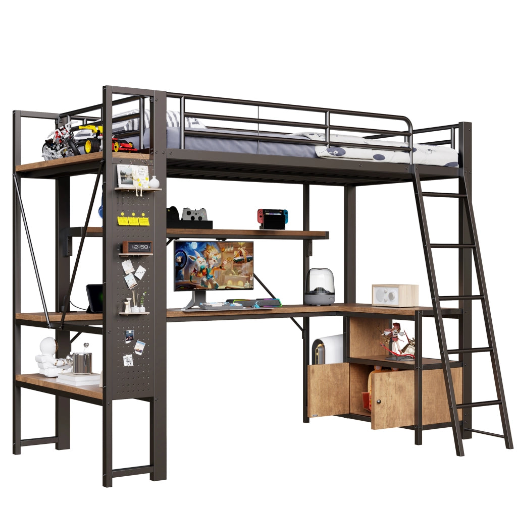 Letto a soppalco 90x200 cm con scrivania, LED, ripiani e USB