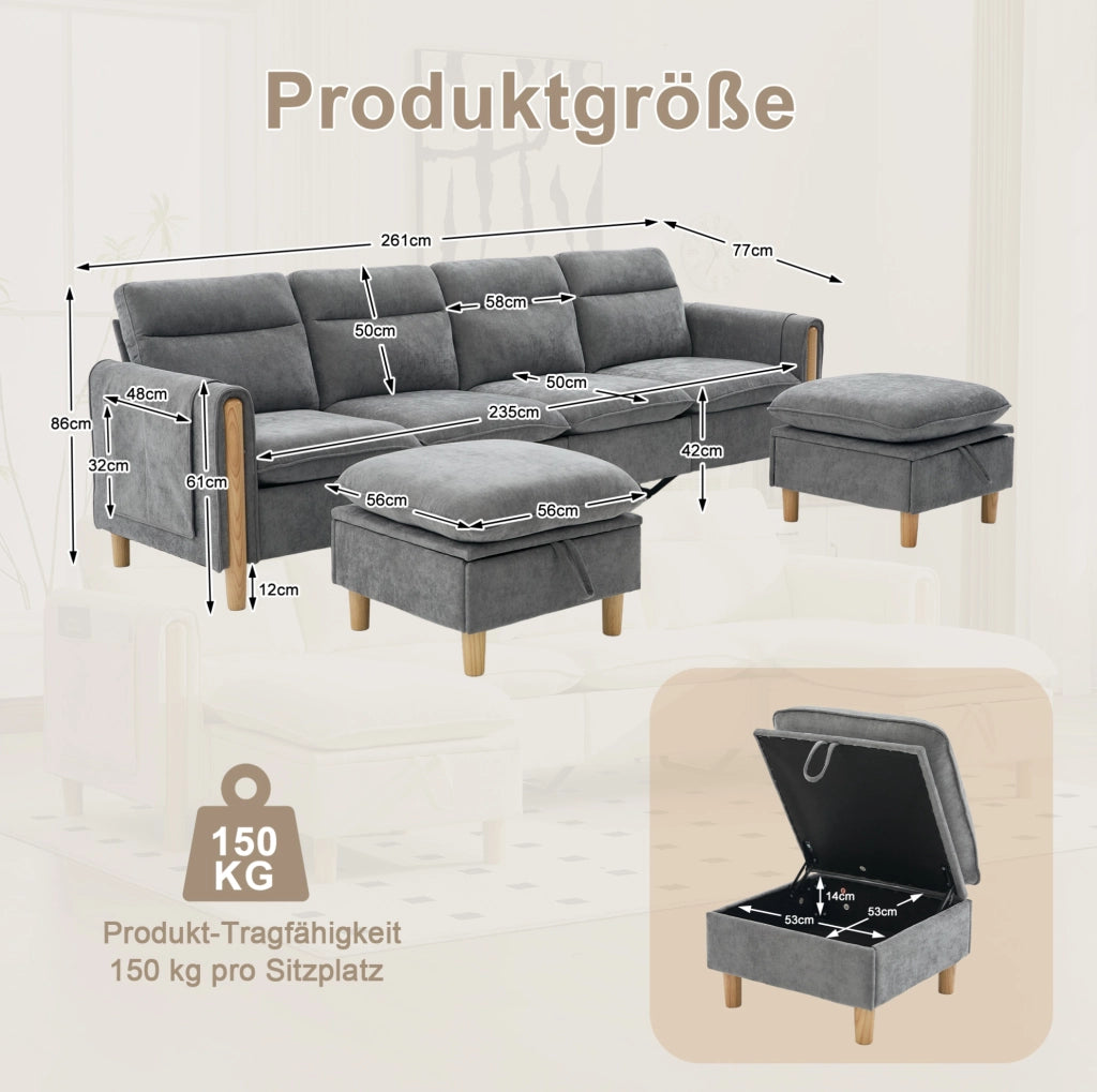 Divano modulare a U 261x77x86 cm in ciniglia grigio chiaro con contenitore –