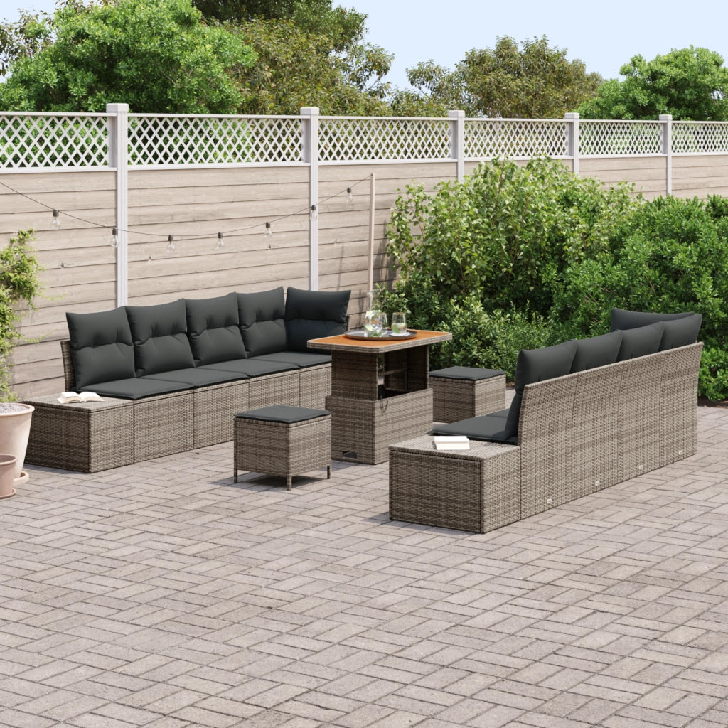 Set di Divani da Giardino a 11 Pezzi con Cuscini Grigio Polyrattan Acacia