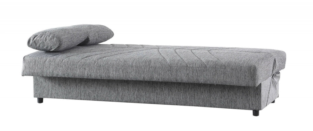 Divano letto Apicella, Divano letto contenitore a 3 posti con 2 cuscini inclusi, SofÒ  da soggiorno in tessuto imbottito con apertura click-clack, Cm 181x81h88, Grigio
