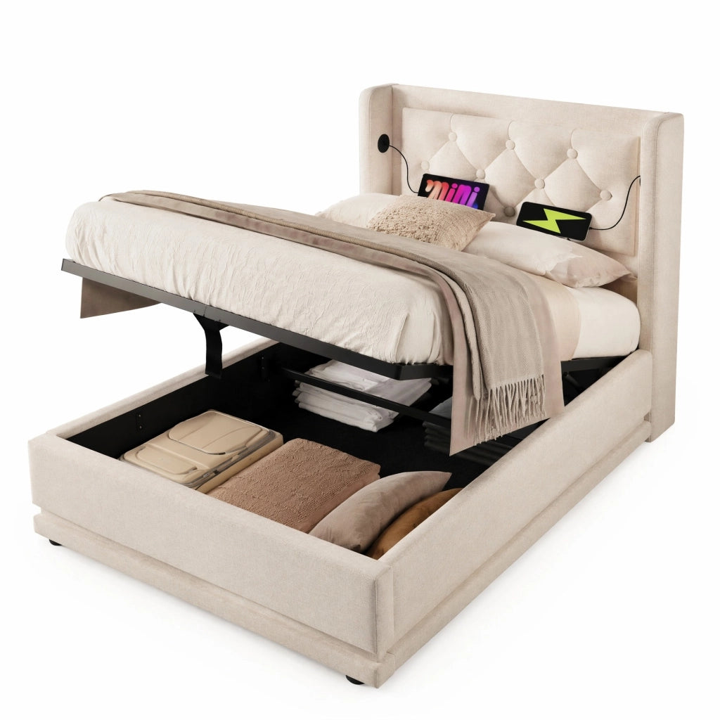 Letto singolo imbottito 90x200 cm beige in cotone con contenitore; USB Type-C e LED