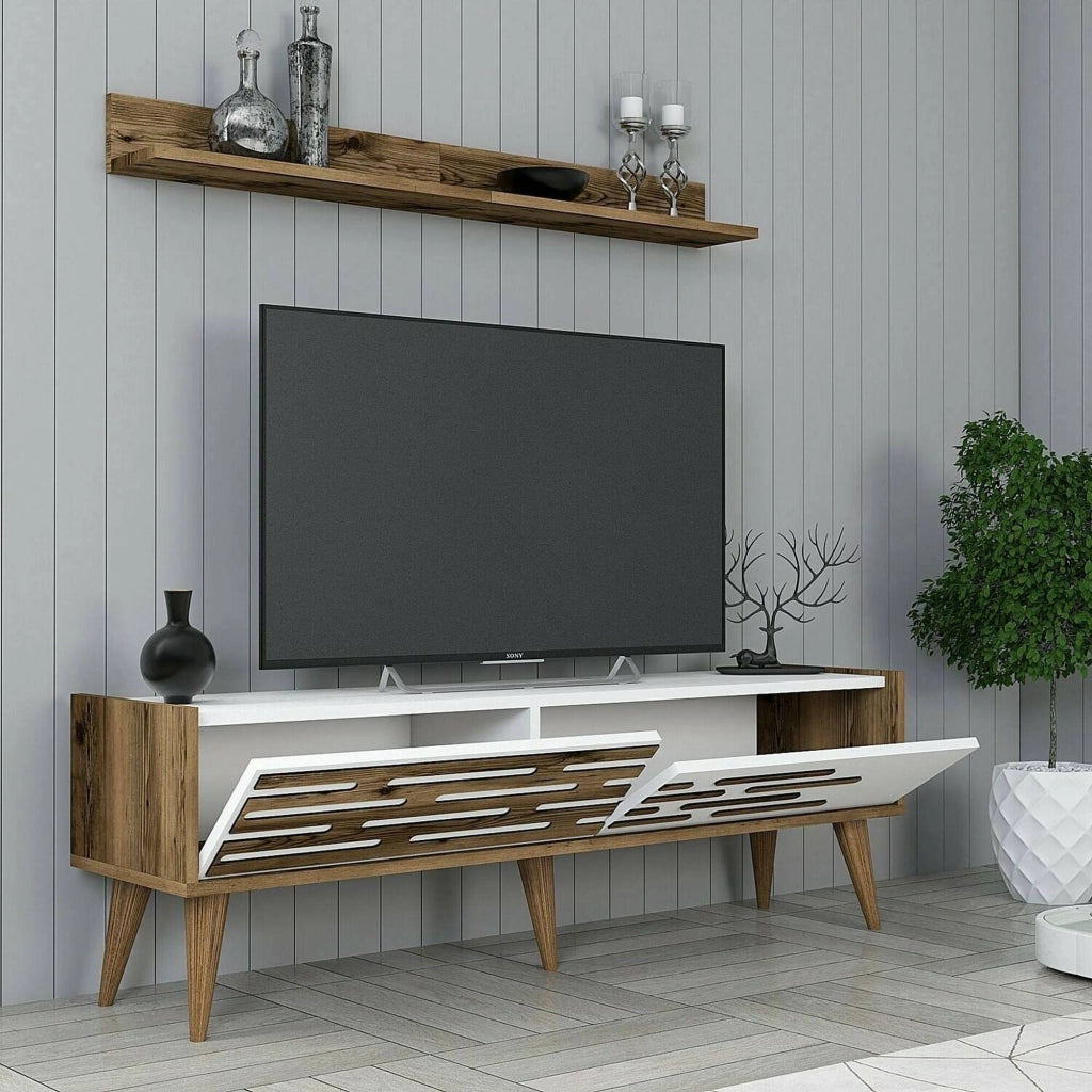 Mobile porta TV Arsiero, Credenza da soggiorno, Armadio basso per TV, Base parete attrezzata, 140x45h35 cm, Noce e Bianco