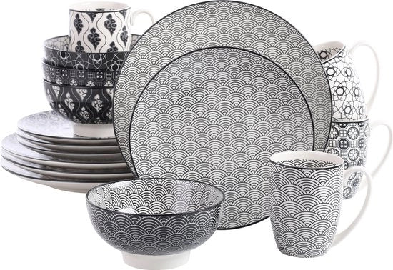 Servizio da Tavola Giapponese a 16 Pezzi - Porcelain - Decorato a Mano - Unico e Duraturo - Adatto a Microonde e Lavastoviglie