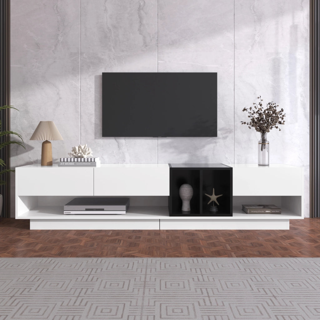 OKWISH Mobile TV con 3 Cassetti e 2 Vani Aperti, Finitura Lucida, per Soggiorno, Bianco e Nero, 190×40×42 cm