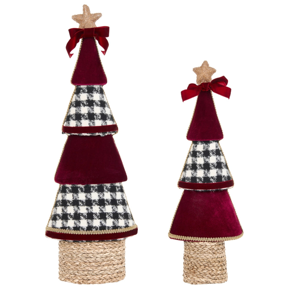 Set di 2 statuette ad albero di Natale rosse in velluto fatte a mano, decorazioni natalizie